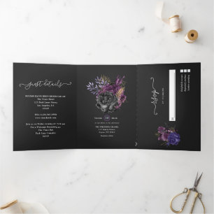 Invitation Trois Volets Mariage Shabby Floral Violet, Or et Noir