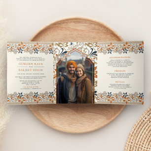 Invitation Trois Volets Mariage Sikh Anand Karaj Fleur Orange Tout en Un