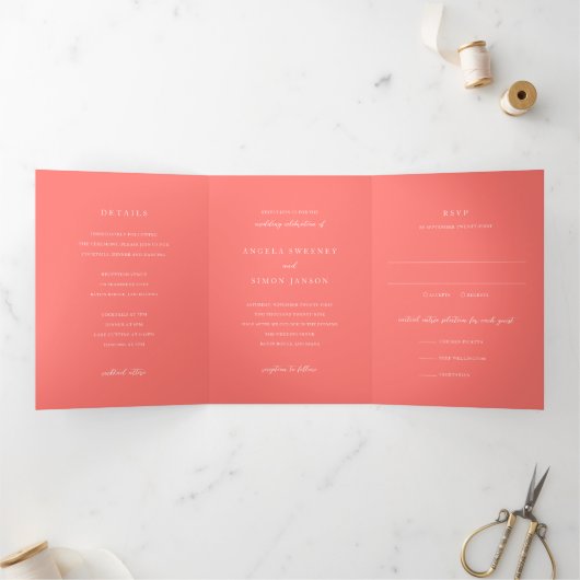 Invitation Trois Volets Mariage Simple Corail Vibrant Moderne (Intérieur)