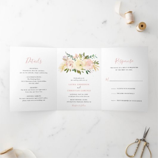 Invitation Trois Volets Mariage simple rose rose floral élégant (Intérieur)