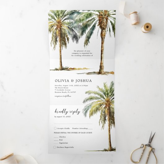 Invitation Trois Volets Mariage sur la plage au palmier tropical (Intérieur)
