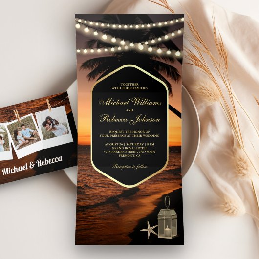 Invitation Trois Volets Mariage sur la plage tropicale avec guirlande lumi