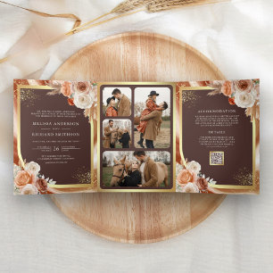 Invitation Trois Volets Mariage Terracotta Floral Pampas Brun Espresso