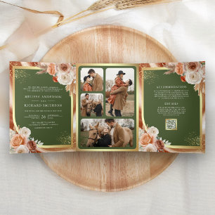 Invitation Trois Volets Mariage Terracotta Floral Pampas Or Olive Vert