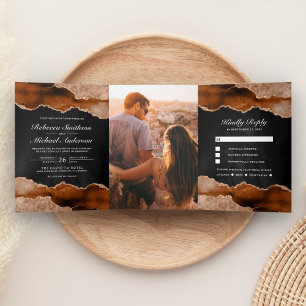 Invitation Trois Volets Mariage Terracotta Orange Brûlé Agate Marbre Noir