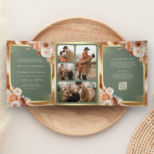 Invitation Trois Volets Mariage Terre Cuite Floral Pampas Or Vert Sauge