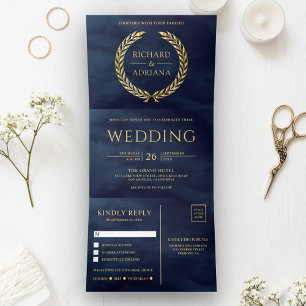 Invitation Trois Volets Mariage Tout en Un Bleu Nuit Or Laurier Minimal