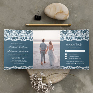 Invitation Trois Volets Mariage Tout en Un Bleu Poussiéreux Broderie Angla