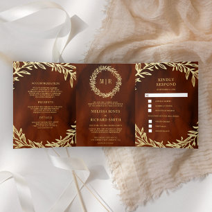 Invitation Trois Volets Mariage Tout en Un Branche Feuille d'Or Terracotta