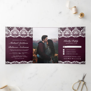 Invitation Trois Volets Mariage tout en un campagne dentelle bois de pruni
