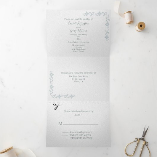 Invitation Trois Volets Mariage Tout en Un Chic Blanc avec Fleurs Sarcelle (Intérieur)
