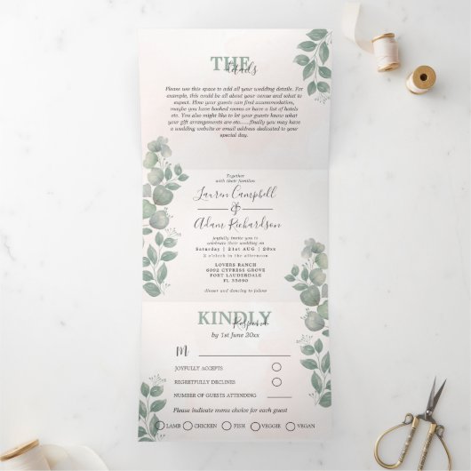 Invitation Trois Volets Mariage tout-en-un Eucalyptus Watercolor (Intérieur)