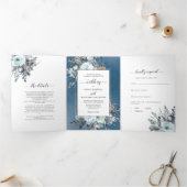 Invitation Trois Volets Mariage Tout en Un Fleurs Bleues avec RSVP (Intérieur)