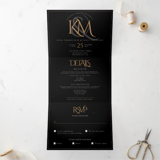 Invitation Trois Volets Mariage Tout En Un Monogramme Or Noir Moderne (Intérieur)