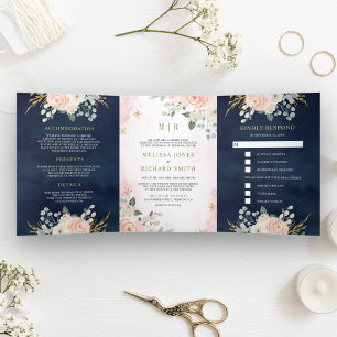Invitation Trois Volets Mariage Tout en Un Navy Floral Rose Fard Doré