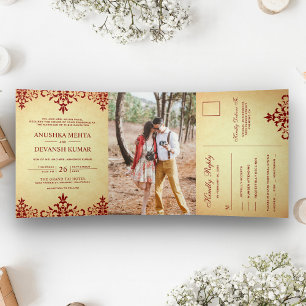 Invitation Trois Volets Mariage traditionnel indien de style vintage rouge