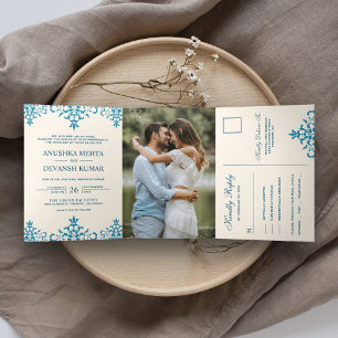 Invitation Trois Volets Mariage traditionnel indien élégant bleu damassé