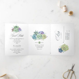 Invitation Trois Volets Mariage Tri-Fo Aquarelle Cactus Succulentes Désert
