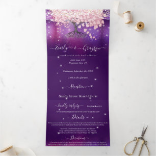 Invitation Trois Volets Mariage Tri-plié Lilas Violet et Arbre à Feuille d