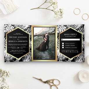 Invitation Trois Volets Mariage Tropical à Feuille de Palmier en Or Noir e