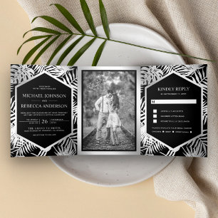 Invitation Trois Volets Mariage Tropical à Feuille de Palmier en Papier Al