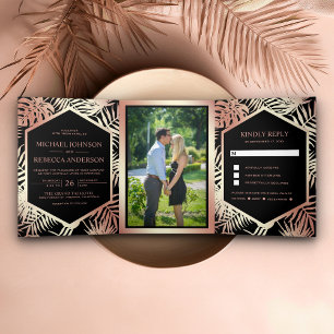 Invitation Trois Volets Mariage tropical à feuilles de palmier en feuille