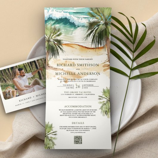Invitation Trois Volets Mariage Tropical à Palm Beach avec Code QR Waterco