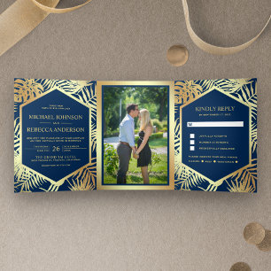 Invitation Trois Volets Mariage Tropical aux Feuilles de Palmier en Faux O