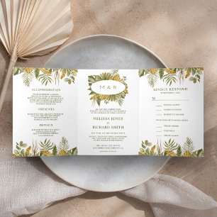 Invitation Trois Volets Mariage Tropical Bohème Feuilles de Palmier Séchée