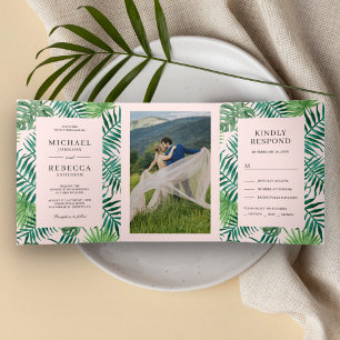 Invitation Trois Volets Mariage tropical Feuille de palmier vert et rose v