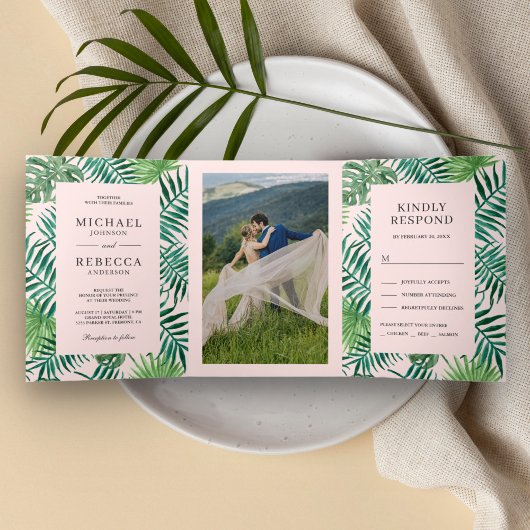 Invitation Trois Volets Mariage tropical Feuille de palmier vert et rose v