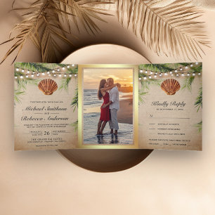 Invitation Trois Volets Mariage tropical rustique en toile de jute avec fe