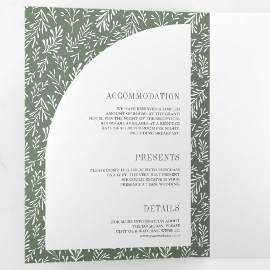 Invitation Trois Volets Mariage vert Arche Feuille d'art de ligne minimale (Intérieur en premier)