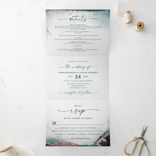 Invitation Trois Volets Mariage vert émeraude Abstrait moderne (Intérieur)