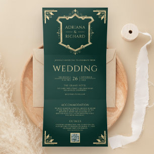 Invitation Trois Volets Mariage Vert Émeraude Code QR Crête Dorée Vintage