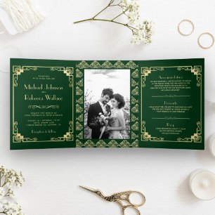 Invitation Trois Volets Mariage Vert et Or de Style Art Déco Vintage