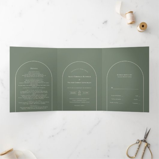Invitation Trois Volets Mariage vert simple Boho Arch Sage (Intérieur)