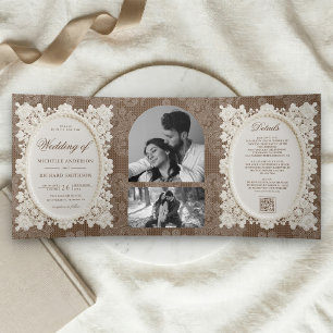 Invitation Trois Volets Mariage Vintage Vieille Fortune Marron Ivory Brode