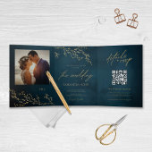 Invitation Trois Volets Marine Bleu et or Botanique Mariage élégant