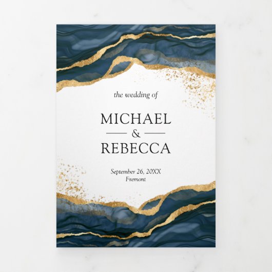 Invitation Trois Volets Marine Blue Gold Abstrait Enk QR Code Mariage (Page de couverture)