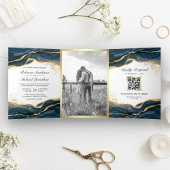 Invitation Trois Volets Marine Blue Gold Abstrait Enk QR Code Mariage
