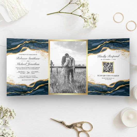 Invitation Trois Volets Marine Blue Gold Abstrait Enk QR Code Mariage