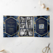 Invitation Trois Volets Marine Blue Gold Abstrait Liquide QR Code Mariage (Intérieur)