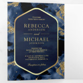 Invitation Trois Volets Marine Blue Gold Abstrait Liquide QR Code Mariage (Intérieur en premier)