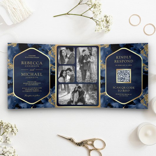 Invitation Trois Volets Marine Blue Gold Abstrait Liquide QR Code Mariage