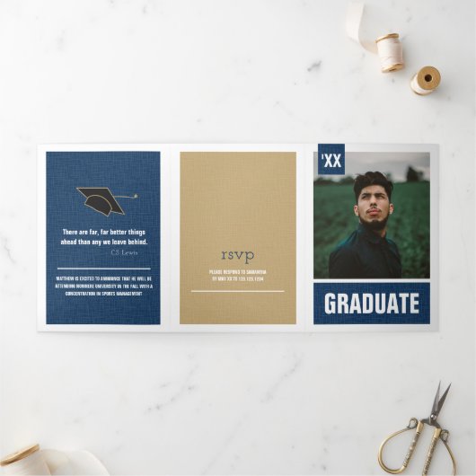Invitation Trois Volets Marine Blue Modern Textured Photo Graduation (Extérieur)