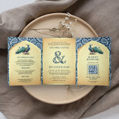 Invitation Trois Volets Marine Blue Paisley Indian Peacock Code QR Mariage