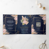 Invitation Trois Volets Marine Blue Pampas Dusty Rose Roses QR Code Mariag (Intérieur)
