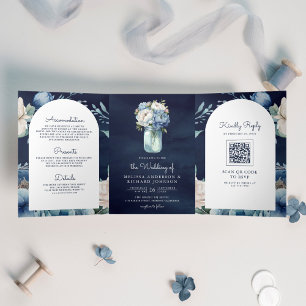 Invitation Trois Volets Marine Blue Peony Mason Jar QR Code Mariage
