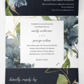 INVITATION TROIS VOLETS MARINE BLUE VERT OR FLORAL MARIAGE D'EAU (Intérieur au milieu)